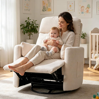 Oversized Swivel Rocker Recliner Chair with Heat and Massage, Rocking Chair with Adjustable Headrest, Manual Recliner, Glider Recliner with 2 Pillows, Chenille White