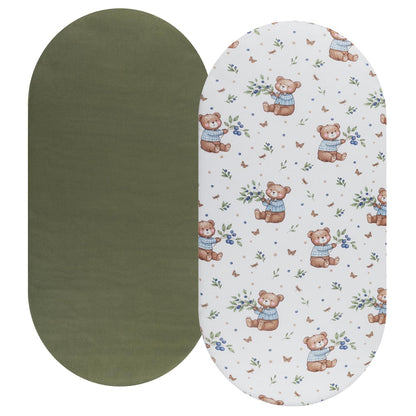 Bassinet Sheet Set 2 Pack Snug Fitted Bedside Sleeper Bassinet Sheets, Stretchy Ultra Soft, Unisex Boy Girl, Light Blue & Dinosaur