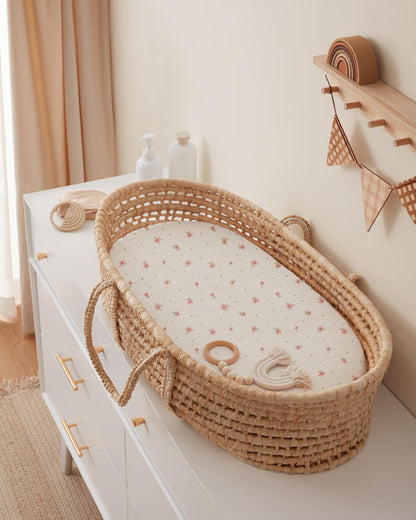 Blissful Diary Muslin Bassinet Sheets for Baby Girls Boys, Boho Soft Cotton Fitted for Oval Hourglass Rectangle Mattress, 2 Pack(Sunshine&Brown)