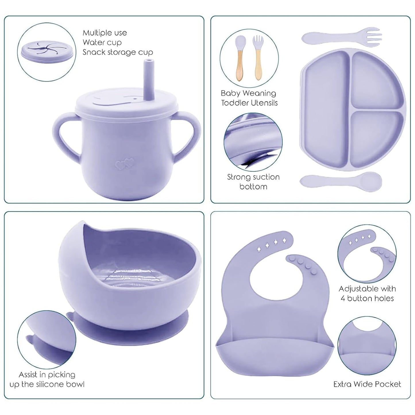 100% Silicone Baby Feeding Set, BPA Free Baby Dishes with Suction Bowl, Divided Plate, Toddler Self Feeding Dish Set with Spoons, Forks, Sippy Cup and Bib, Baby Eating Utensils (Navy Blue)
