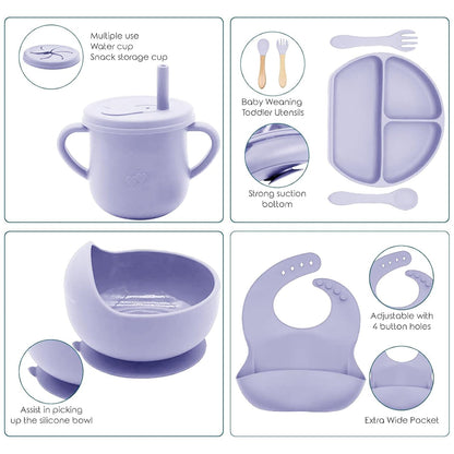 100% Silicone Baby Feeding Set, BPA Free Baby Dishes with Suction Bowl, Divided Plate, Toddler Self Feeding Dish Set with Spoons, Forks, Sippy Cup and Bib, Baby Eating Utensils (Navy Blue)
