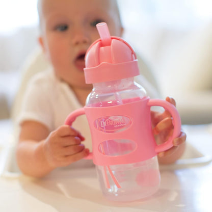 Dr. Brown's Milestones Wide-Neck Sippy Straw Bottle, Spill-Proof with 100% Silicone Handles and Weighted Straw, 9 oz/270 mL, Gray & Pink, 6m+, 2-Pack
