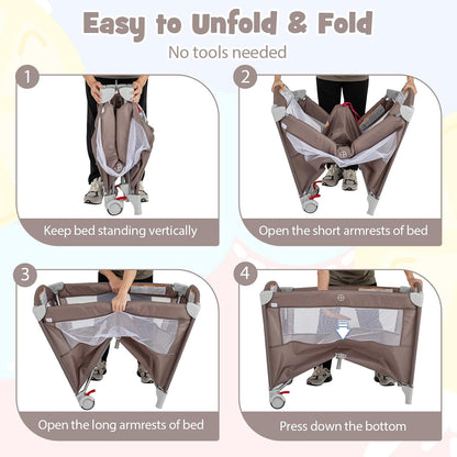 BABY JOY 5-in-1 Pack and Play, Portable Baby Bedside Sleeper with Bassinet, U-Shaped Diaper Changer, Safety Strap, Side Zipper Entrance, Hangings, Bedside Crib Playard from Newborn to Toddlers (Gray)