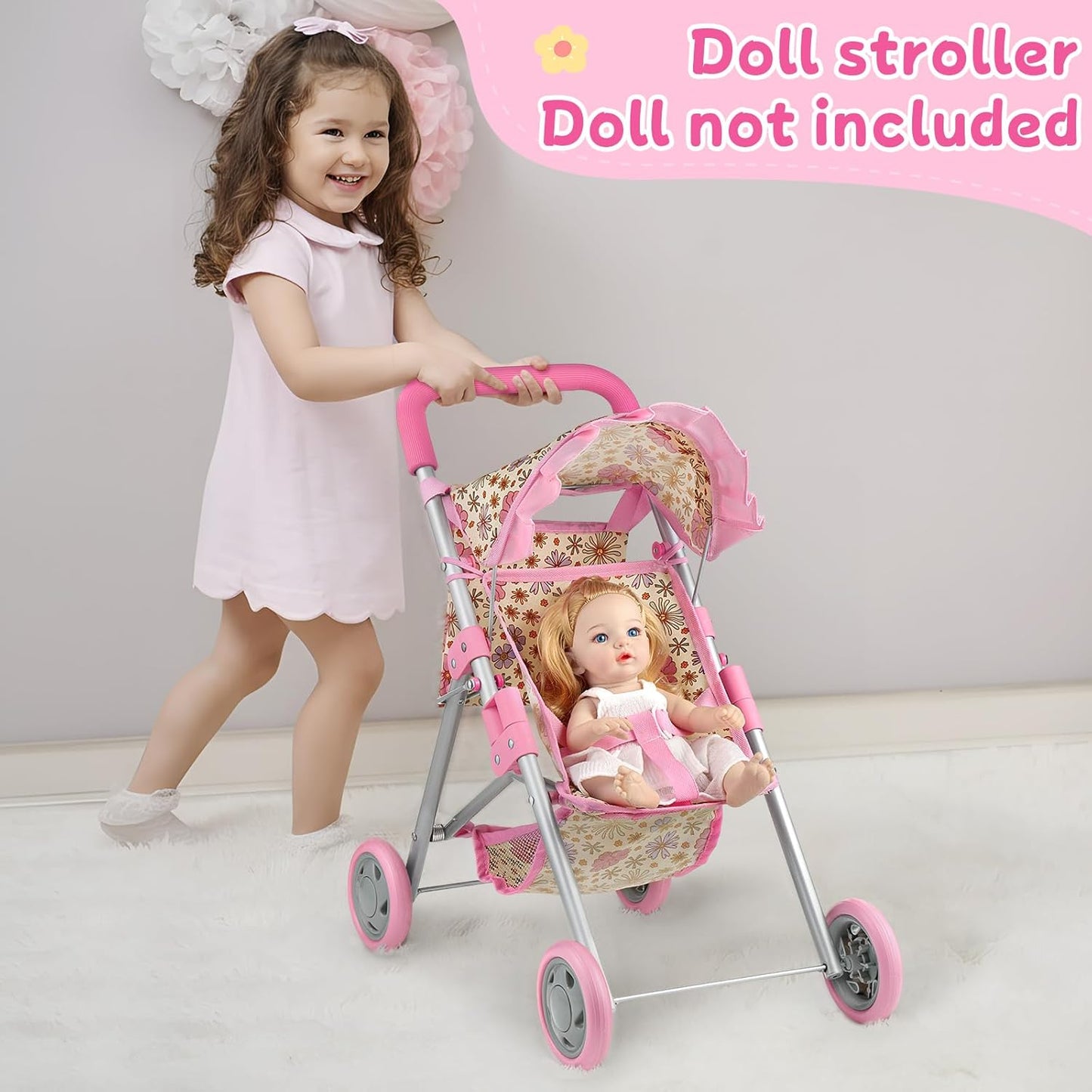 GAGAKU Baby Doll Stroller for Toddlers, Foldable Toy Stroller with Storage Basket and Bag, Diapers - Reborn Doll Accessories for Girls & Kids Ages 3+, Pink