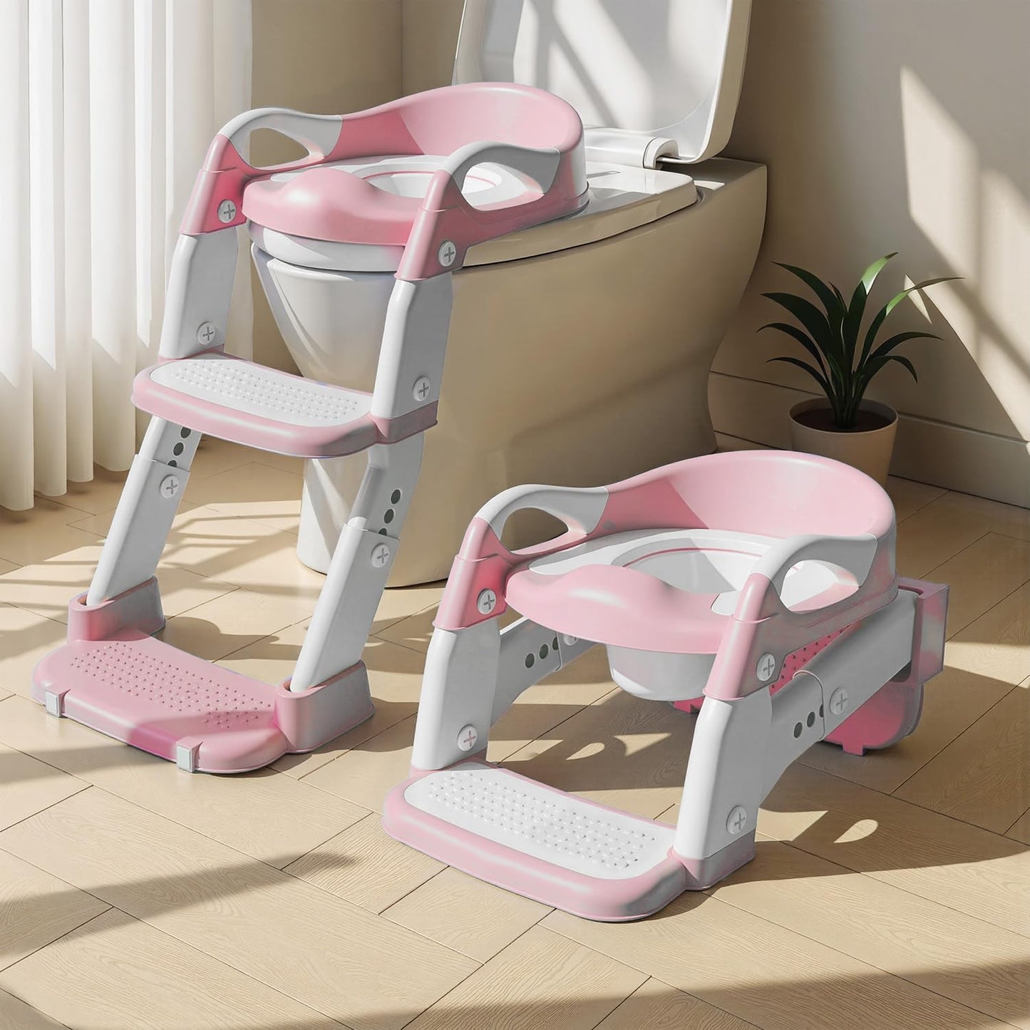 3-in-1 Potty Training Seat & Training Toilet & Potty Chair, Height AdjustableToddler Toilet Seat for Kids, Foldable Potty Training Toilet with Splash Guard & Anti-Slip Steps (Gray)
