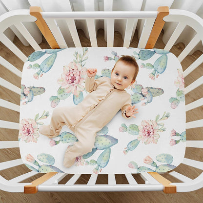 Fitted Crib Sheets Cactus and Floral Stretchy Portable Playard Sheets for Baby Toddler, Breathable Soft Mini Crib Mattress 52 x 28 in for Boys and Girls