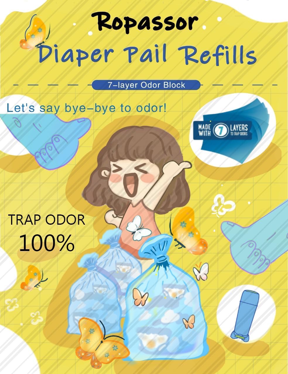 Diaper Pail Refill Bags for Munchkin Step Diaper PailGenie & Complete/Expressions (1120count) 4 Packs, 7-Layer Odor-Absorbing, Comes with One Disposable Diaper Poop Bags