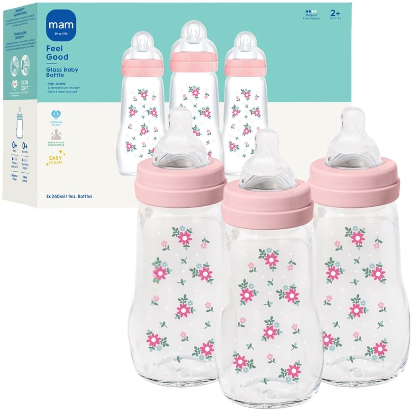 MAM 9oz Feel Good Pure Glass Anti-Colic Wide Neck Baby Bottle, Medium Flow Skin Soft Silicone Nipple, Easy to Clean, BPA Free, 2+ Months, Easy Switch Between Breast & Bottle, Made in Europe, 3 Pack