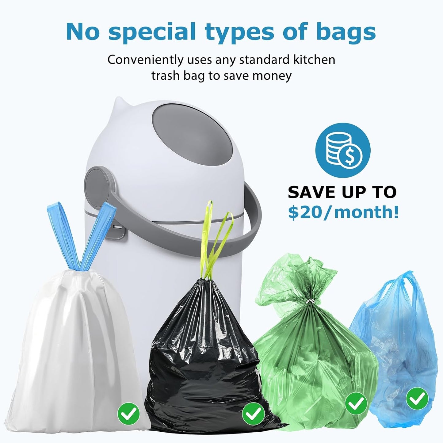 Diaper Pail Odor Control Bin, Large Capacity Diaper Disposal Container, Plastic 15L Holds 16 Diapers Airtight Lid, with Odor Blocking Baffle for Home Nursery Room Living Room White
