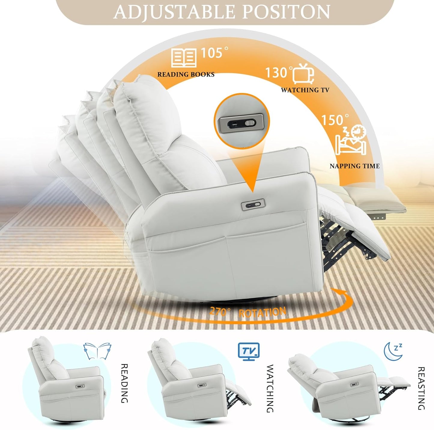 Power Swivel Rocker Recliner Chair for Nursery, Upholstered Snowflake Velvet 270°Swivel Glider Rocker Chair with USB Ports, Small Power Recliners for Small Spaces Living Room