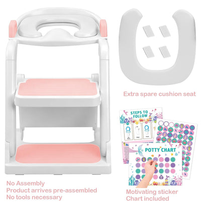 [No Assembly Required] BABY JOYCE Potty Training Seat with Step Stool Ladder, Extra Sturdy Integrated Toddler Toilet Seat for Boys Girls, Anti-Slip Step & Splash Guard, Foldable Potty Ladder (Grey)