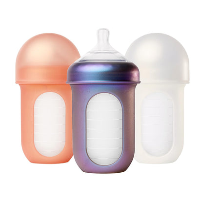 Boon Nursh Reusable Silicone Pouch Baby Bottles - Medium Flow Nipple - Silicone Baby Bottle Pouch and Nipple - Baby Feeding Essentials - Gray - 3-6 Months - 3 Count - 8 Ounce