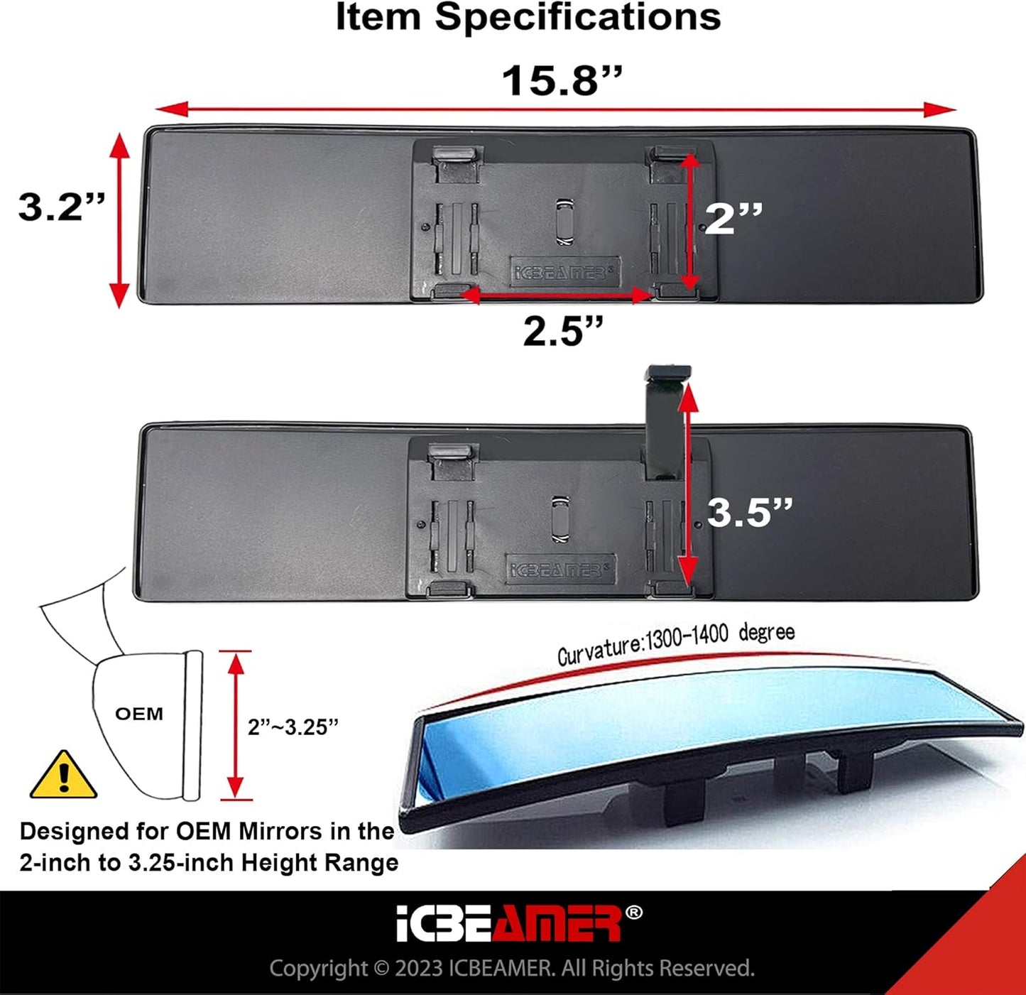 11.8" ICBEAMER Clip On Rear View Mirror | Convex Blue Tint Glass, Panoramic Wide Angle HD Glass, Anti Glare, Universal Fit for Car, SUV, Truck | Eliminates Blind Spots (1 Pack)