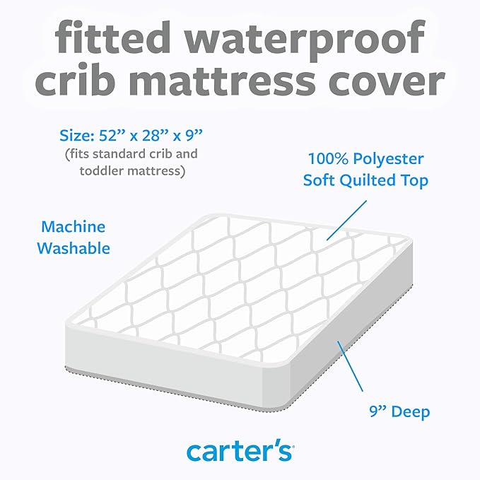 Carters Waterproof Fitted Quilted Crib and Toddler Protective Mattress Pad Cover, White