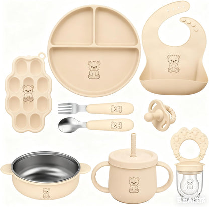 9-Piece Silicone Baby Feeding Set | Suction Bowl, Plate, Bib, Cup, Fork & Spoon | BPA-Free Food-Grade Silicone Baby Tableware | Baby-Led Weaning | Dishwasher (Pink)