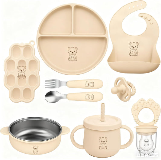 9-Piece Silicone Baby Feeding Set | Suction Bowl, Plate, Bib, Cup, Fork & Spoon | BPA-Free Food-Grade Silicone Baby Tableware | Baby-Led Weaning | Dishwasher (Pink)
