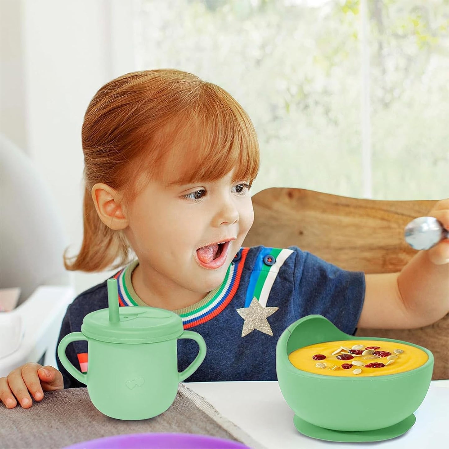 100% Silicone Baby Feeding Set, BPA Free Baby Dishes with Suction Bowl, Divided Plate, Toddler Self Feeding Dish Set with Spoons, Forks, Sippy Cup and Bib, Baby Eating Utensils (Navy Blue)