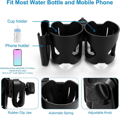 Accmor Universal Cup Holder, Stroller Cup Holder with Phone Holder, 360° Rotatable Large Caliber Designed Bottle Holder for Stroller, Bike, Wheelchair, Walker, Scooter