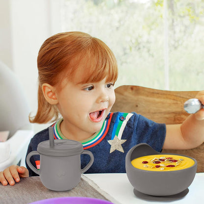 100% Silicone Baby Feeding Set, BPA Free Baby Dishes with Suction Bowl, Divided Plate, Toddler Self Feeding Dish Set with Spoons, Forks, Sippy Cup and Bib, Baby Eating Utensils (Navy Blue)