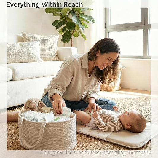 luxury little Diaper Caddy Organizer, Large Cotton Rope Nursery Baby Basket, Changing Table Organizer for Baby Diaper Storage, Portable Car Organizer Removable Divider (Oatmeal, Large)