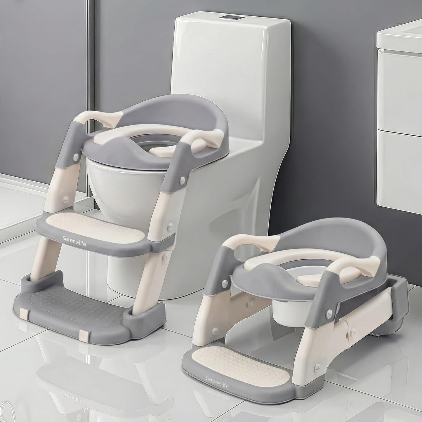 SereneLife 2-in-1 Potty Chair & Potty Training Seat with Step Stool Ladder - Height Adjustable Kids/Toddler Toilet Seat with Stable Anti-Slip Design, Cushioned Seat & Splash Guard For Boys Girls