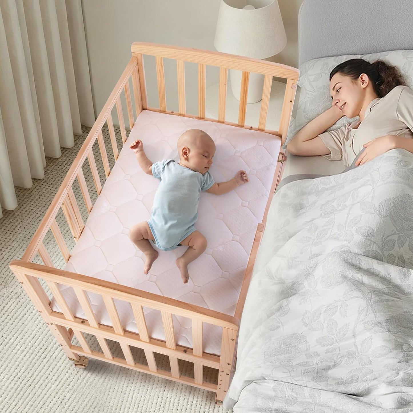 Flwrgirl Baby Bassinets Bedside Sleeper - Portable Pine Wood Bedside Bassinet with Mattress,3 Heights Small Mini Crib,Baby Crib for Newborns,Unpainted | Pine Wood Bassinet, Mattress Included, 3-IN-1 Convertible, Adjustable Height, Locking Wheels, Portalbe