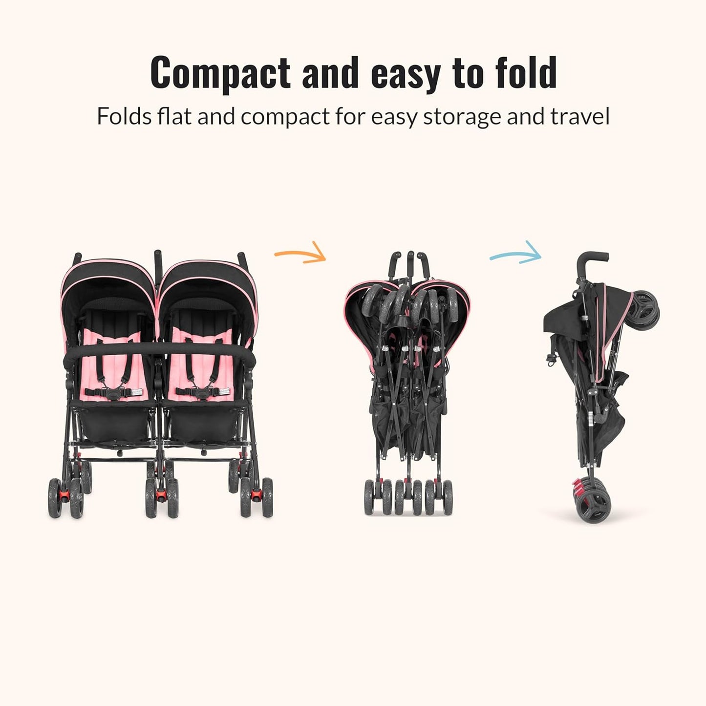 Dream On Me Volgo Twin Umbrella Stroller in Black, Lightweight Double Stroller for Infant & Toddler, Compact Easy Fold, Large Storage Basket, Large and Adjustable Canopy
