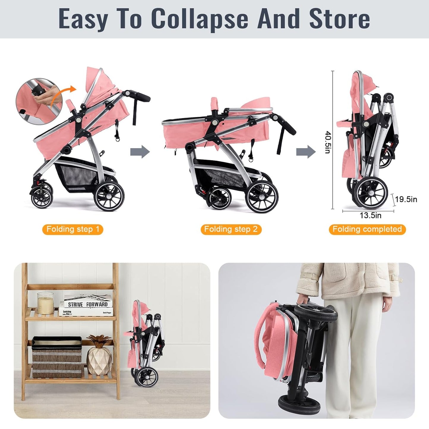 Baby Stroller, 2-in-1 Reversible Toddler Seat with Lie-Flat Mode, Foldable Infant Stroller with Canopy, One Button Brake, Adjustable Handle, Newborn Pushchair (Black B)