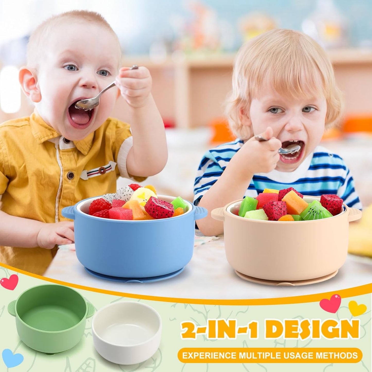 Domensi 4 Sets Kids Porcelain Bowls with Suction Sleeves Toddler Suction Bowl Upgrade Durable Microwave Dishwasher Safe Cereal Soup Snack Dishes for Baby Children Feeding Supplies (Macaron Colors)
