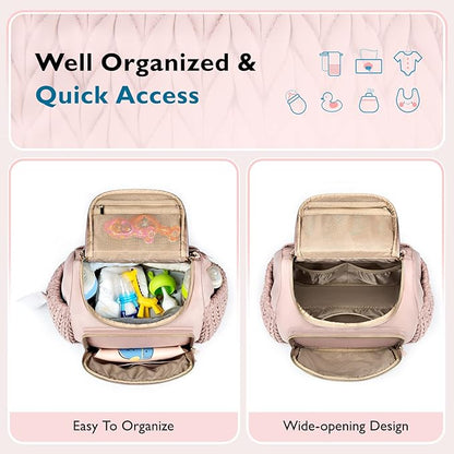 mommore Diaper Bag Backpack, Stylish Travel Baby Bag with Insulated Pockets, Changing Pad and Stroller Straps for Toddler (S-Pink, Small-17L)