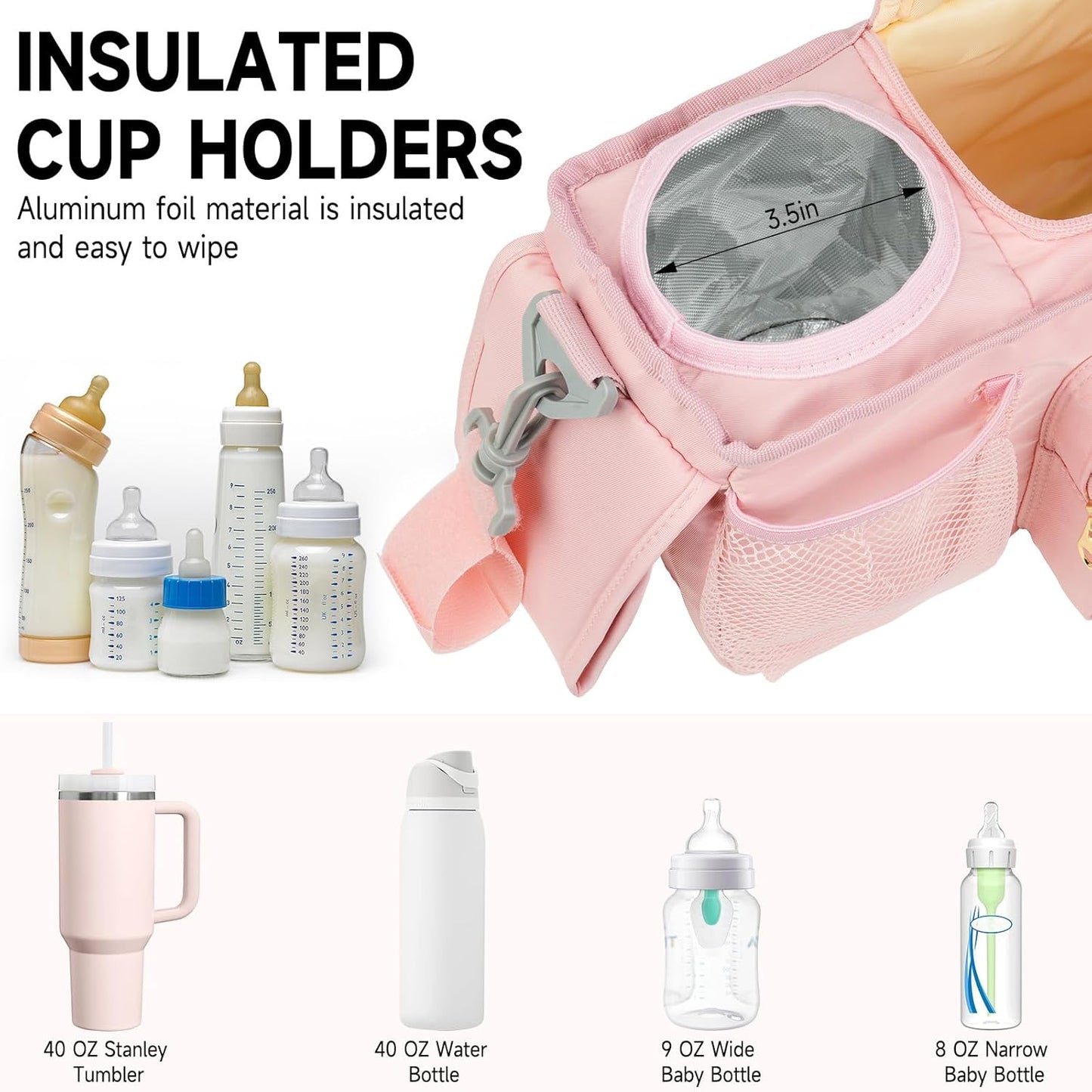 Universal Stroller Organizer with Insulated Cup Holders,Large Capacity Non-Slip Stroller Caddy Bag Fits for Uppababy/Doona/Jogger/Britax/Mompush/BoB with Anti-Sag Hard Bottom and Wet Wipes Pocket