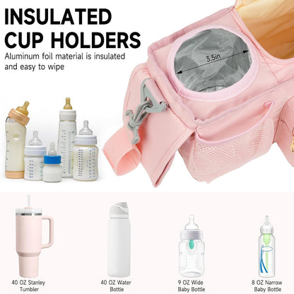 Universal Stroller Organizer with Insulated Cup Holders,Large Capacity Non-Slip Stroller Caddy Bag Fits for Uppababy/Doona/Jogger/Britax/Mompush/BoB with Anti-Sag Hard Bottom and Wet Wipes Pocket