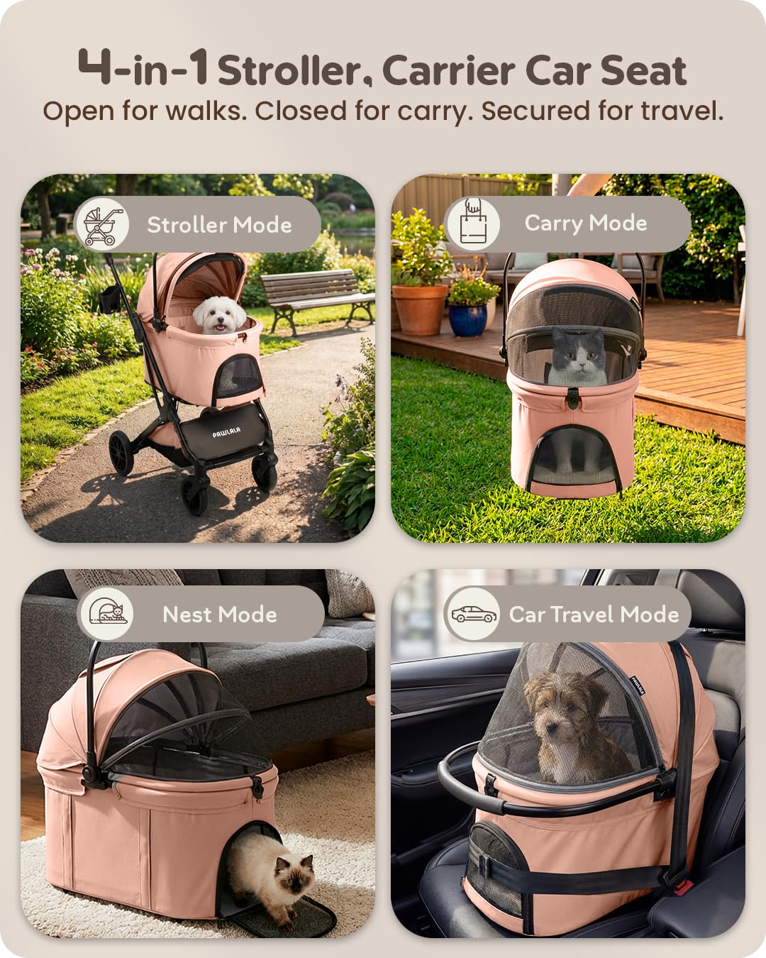 Pet Stroller with Detachable Carrier for Small, Medium Dogs & Cats, Lightweight Foldable Design, Travel-Ready, Compact Storage (Cloud Gray)