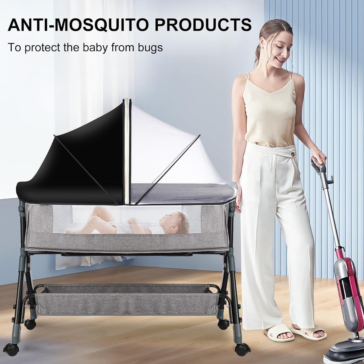 Bassinet Cover Mosquito Net for Babies to Keep Insects/Bugs/Cats Out, Toddler Bassinet/Bedside Sleeper/Crib Net with Two-Way Zippers & Storage Bag, Breathable Mesh Holes, White
