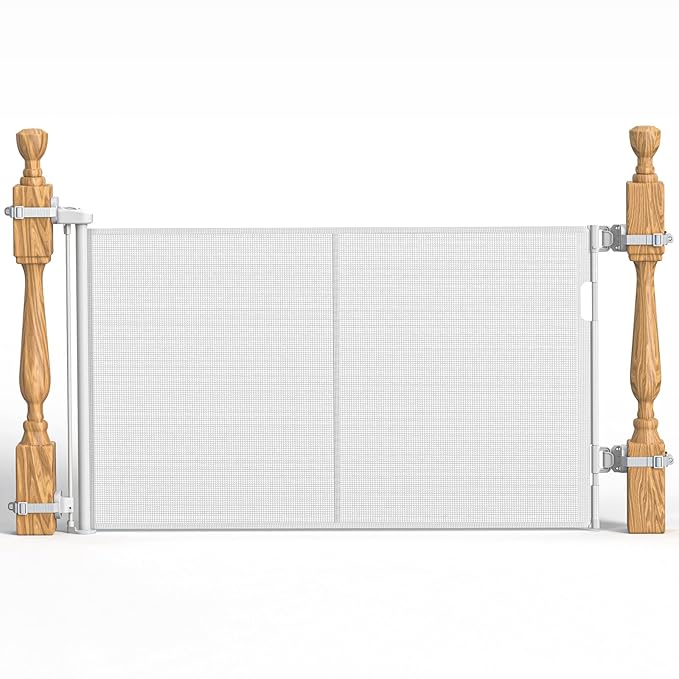 Upgraded Retractable Baby Gates for Stairs & Banister, Mesh Dog Gate Indoor, Extends to 55" Wide 33" Tall, Child Safety Gate for Stairway, Banister & Wall Mount (White)