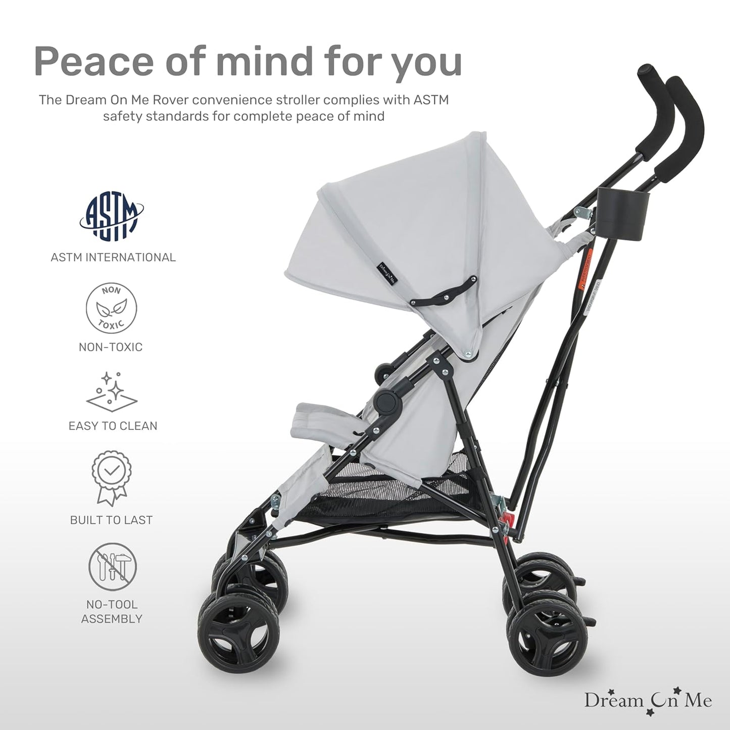 Dream On Me Rover Convenience Baby Stroller – Lightweight & Compact Travel Umbrella Stroller, Quick One-Hand Fold, Lockable Rear Wheels, Adjustable Canopy, 3-Point Safety Harness & Cup Holder – Grey