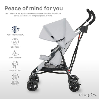 Dream On Me Rover Convenience Baby Stroller – Lightweight & Compact Travel Umbrella Stroller, Quick One-Hand Fold, Lockable Rear Wheels, Adjustable Canopy, 3-Point Safety Harness & Cup Holder – Grey