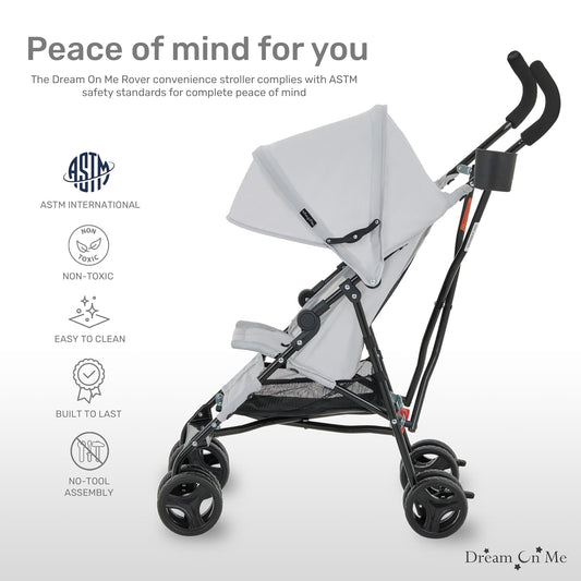 Dream On Me Rover Convenience Baby Stroller – Lightweight & Compact Travel Umbrella Stroller, Quick One-Hand Fold, Lockable Rear Wheels, Adjustable Canopy, 3-Point Safety Harness & Cup Holder – Grey