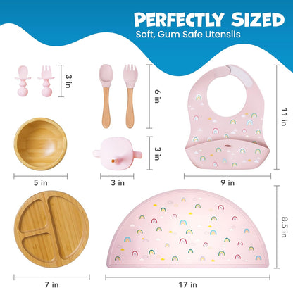 Bamboo & Silicone Baby Feeding Set 8 PCS | Baby Led Weaning Supplies Self Feeding | Divided Suction Plate Bowl Bib Sippy Cup with Straw Utensils Baby Bowls and Spoons Toddler Feeding Set (Yellow)