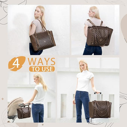 miss fong Checkered Diaper Bag Tote Leather Diaper Bag Backpack, Large Capacity Mommy Bag Hospital Bag, 12 Pockets Travel Diaper Tote with Changing Pad for Mom Plaid Tote Bag for Women-Coffee