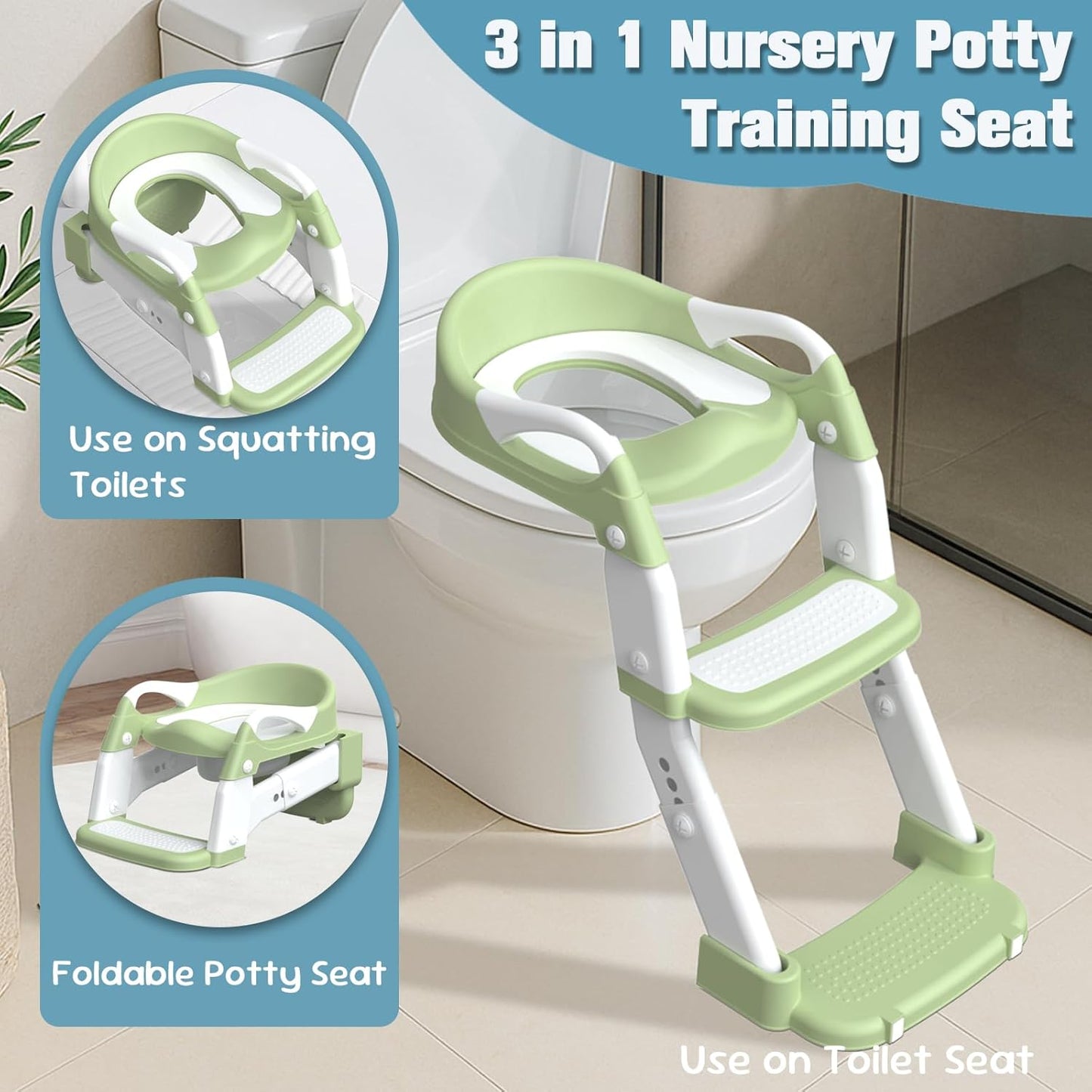Potty Training Seat, Toddler Potty Training Toilet with Step Stool Ladder for Kids Boys Girls, 3 in 1 Foldable Toilet Seat Potty Chair with Urinals, Splash Guard, Handles, Anti-Slip Pad,Grey