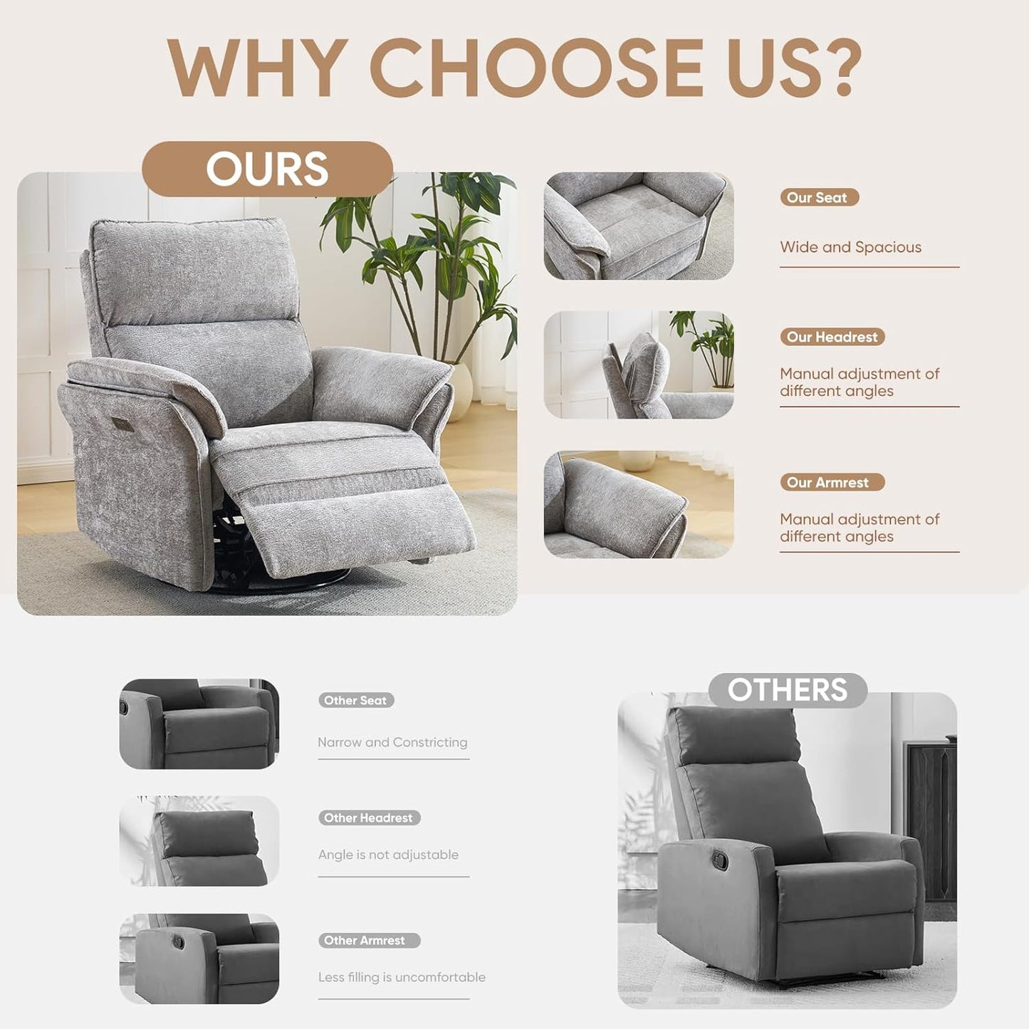 Oversized Swivel Rocker Recliner with Adjustable Headrest, Rocking Chair Nursery with Overstuffed Armrest, Manual Rocker Recliner Nursery Chair for Living Room, White
