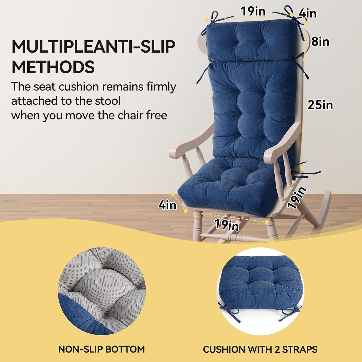 Millsilo Rocking Chair Cushions 3-Piece Set with Neck Pillow, Indoor Rocker Comfortable Tufted Non-Slip Pads with Ties, High-Density Foam Cushion for Adirondack Glider Chair, Orange, 52 x 19 x 4 Inch