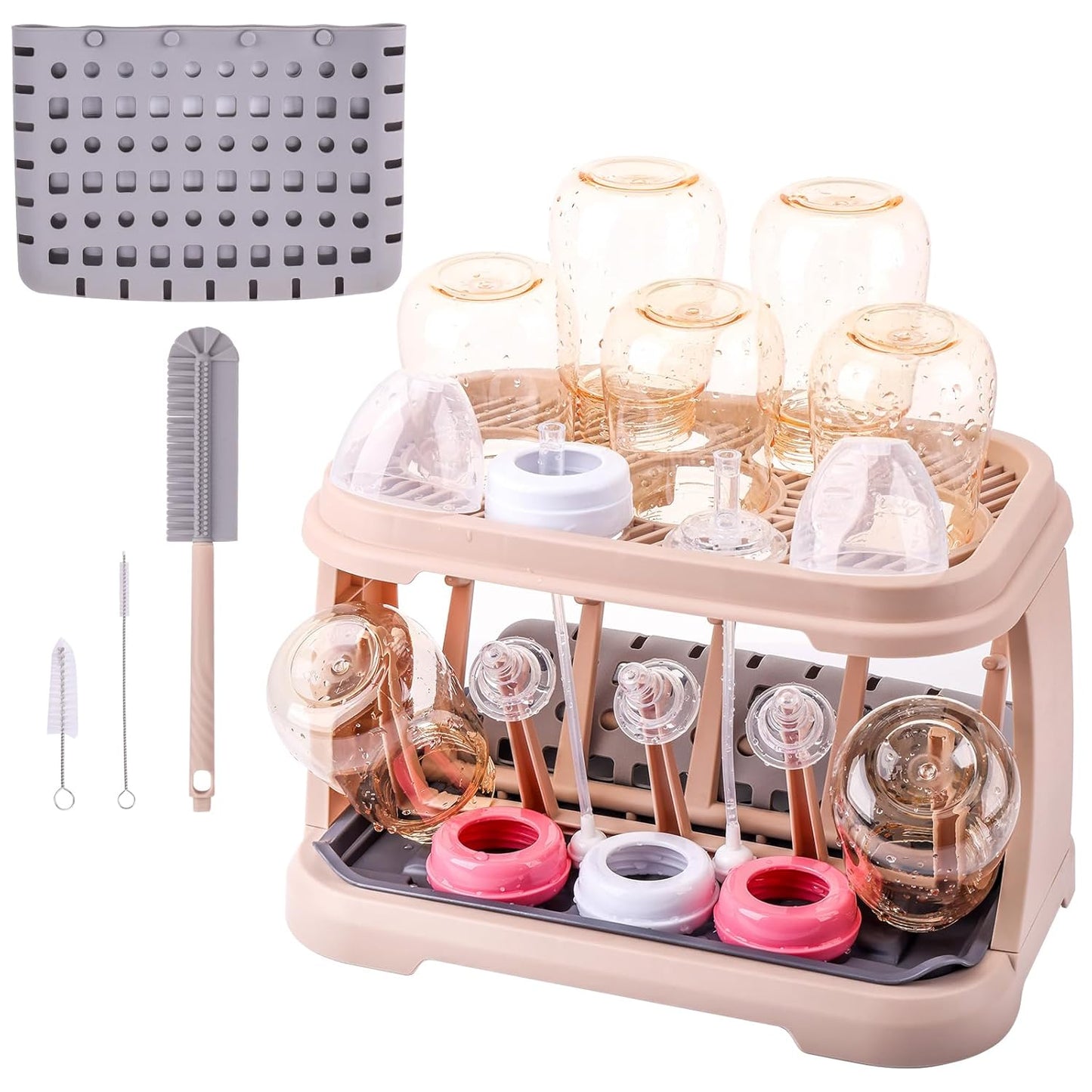 Baby Bottle Drying Rack，Travel Baby Bottle Drying Rack Set, Cleaner Kit with Silicone Bottle Brush,Straw Brush, Suitable for Home use or Traveling with Babies (Coffee Color)