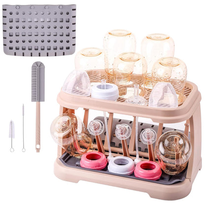 Baby Bottle Drying Rack，Travel Baby Bottle Drying Rack Set, Cleaner Kit with Silicone Bottle Brush,Straw Brush, Suitable for Home use or Traveling with Babies (Coffee Color)