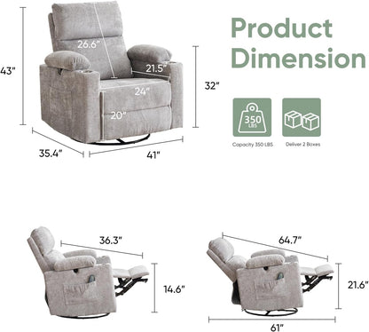 Rocking Chair Nursery with Adjustable Armrest for Breastfeeding, Glider Recliner Nursery Chair with Massage and Heat, Power Swivel Rocker Recliner with Adjustable Headrest, Corduroy, Beige