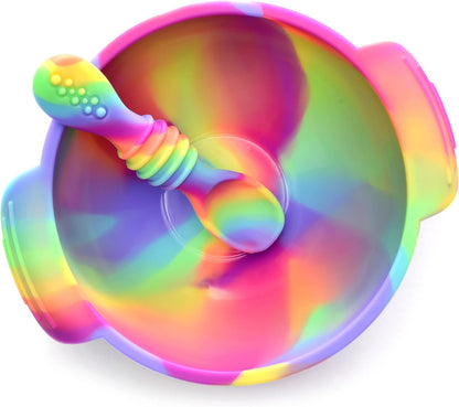 PrimaStella Unbreakable Silicone Non-Slip Bowl and Chew Spoon Set for Babies and Toddlers (Rainbow Swirl)