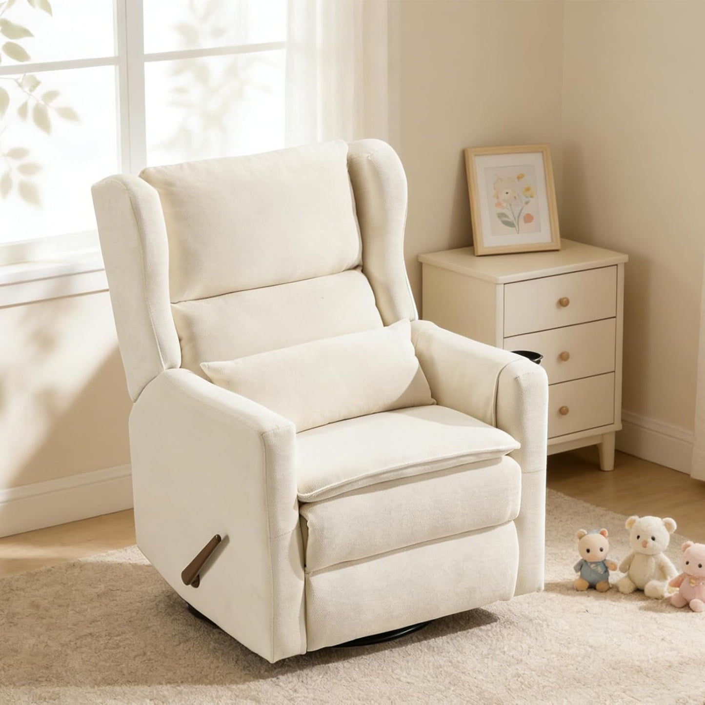 Power Recliner Chair Swivel Glider with Adjustable Headrest，Oversized Swivel Rocker Recliner with Lumbar Support, Upholstered Nursery Glider Recliner for Living Room,White