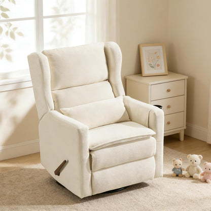 Power Recliner Chair Swivel Glider with Adjustable Headrest，Oversized Swivel Rocker Recliner with Lumbar Support, Upholstered Nursery Glider Recliner for Living Room,White