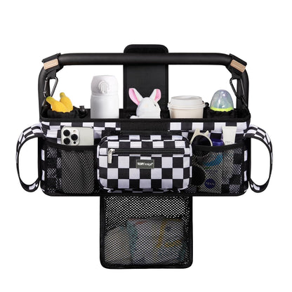 TOPDesign Universal Baby Stroller Organizer, Stroller Caddy with Detachable Mesh Bag & Heightened Insulated Cup Holders & Non-Slip Secure Hooks Accessories, Fits Most Strollers (Checkerboard) - Colors A